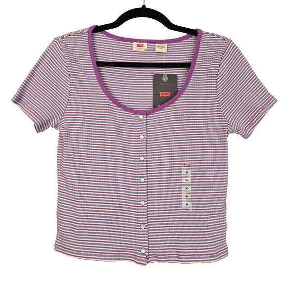 Levi's Shirt Womens Medium Purple Striped The Ribbed Tee Slim Fit Button Front - Picture 1 of 10